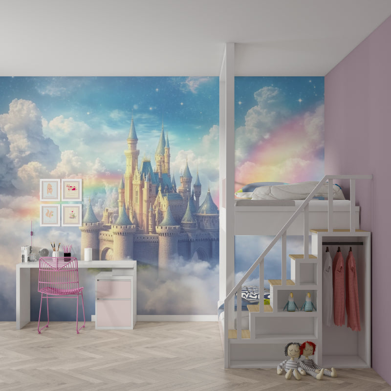 Princess castle mural wallpaper in a nursery with white furniture and rainbow accents