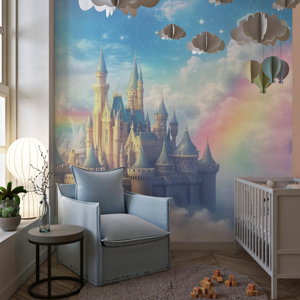 Fairy castle wallpaper creating a magical atmosphere in a girl's study area