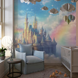 Fairy castle wallpaper creating a magical atmosphere in a girl's study area