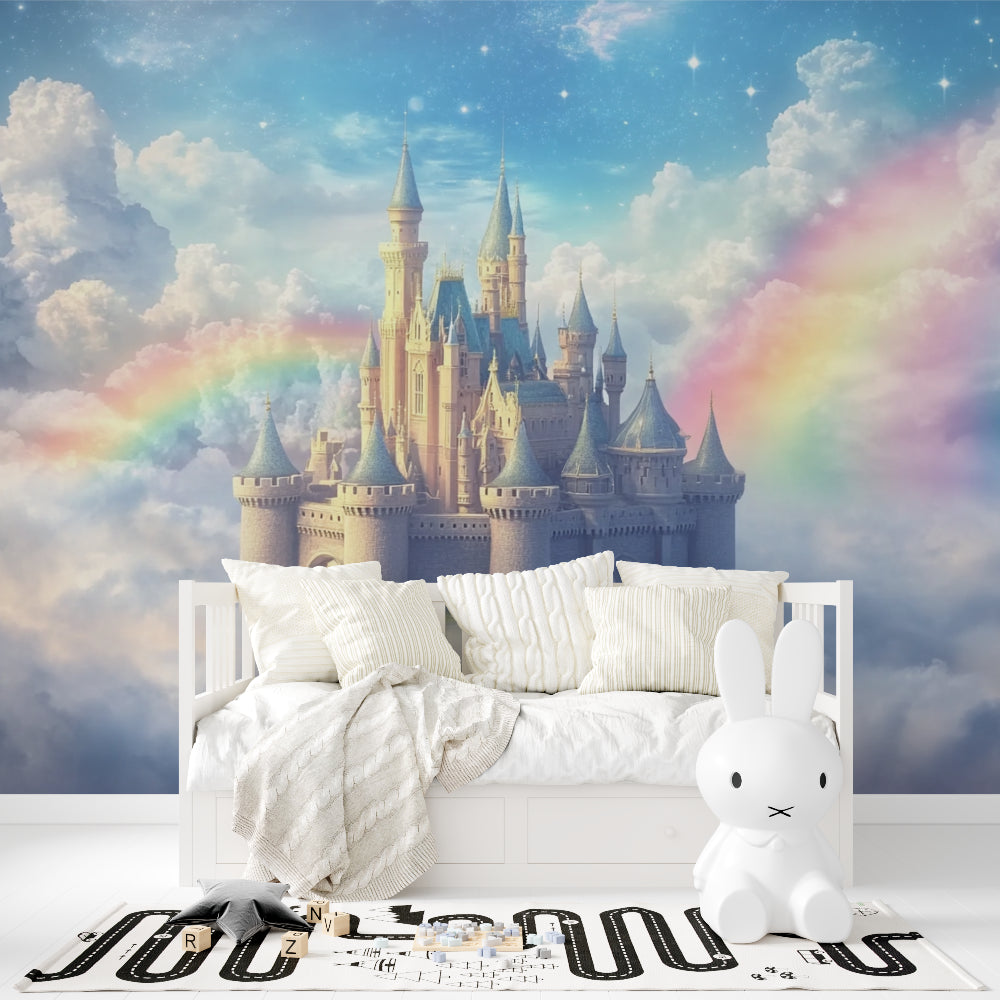 Castle mural installation in a children's bedroom showing full wall coverage