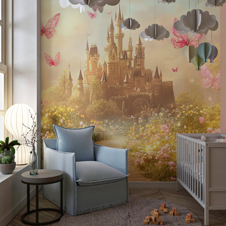Princess castle wallpaper creating a magical atmosphere in a modern girl's bedroom with pink and gold accents