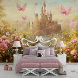 Enchanted castle mural transforming a playroom into a fairytale space with soft pink butterfly details