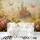 Princess wallpaper with golden castle bringing magic to a nursery with natural lighting