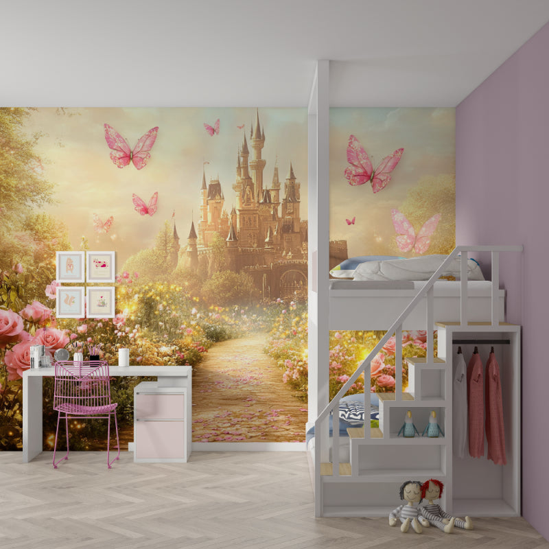 Magical castle wall mural creating depth in a reading nook with floating pink butterflies