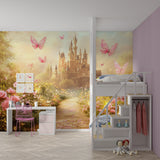 Magical castle wall mural creating depth in a reading nook with floating pink butterflies