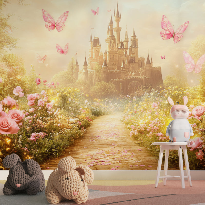 Fantasy garden princess mural showcasing scale in a bright children's room setting