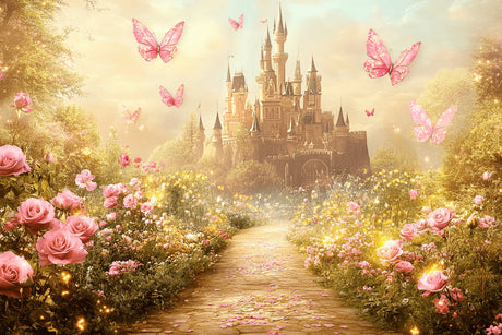 Princess castle design file showing enchanted garden pattern with golden castle and pink butterfly details