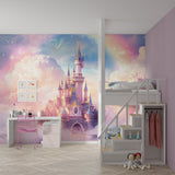 Princess castle wallpaper in a bright girl's bedroom showing pink and gold design above white furniture