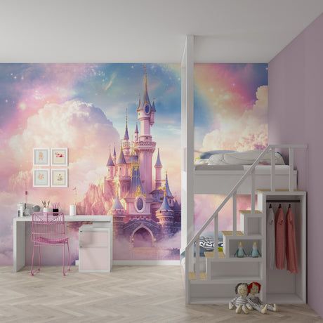 Princess castle wallpaper in a bright girl's bedroom showing pink and gold design above white furniture