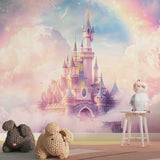 Pink castle mural wallpaper creating magic in a children's playroom with natural lighting