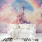 Princess bedroom wallpaper installation showing scale of castle design in nursery setting