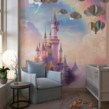 Castle wallpaper detail in reading nook showing gold accents and pink tones