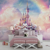 Fairy tale castle mural displayed in modern girl's room with minimal furniture