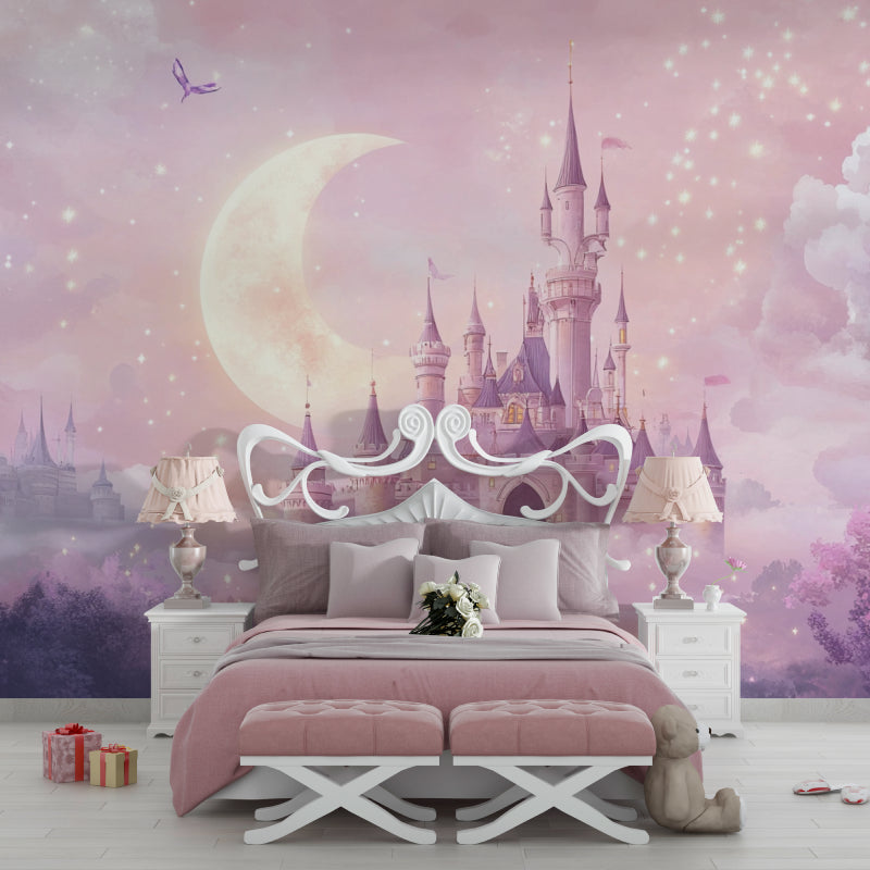 Princess castle wallpaper in a cozy girl's bedroom with soft lighting and matching pink decor