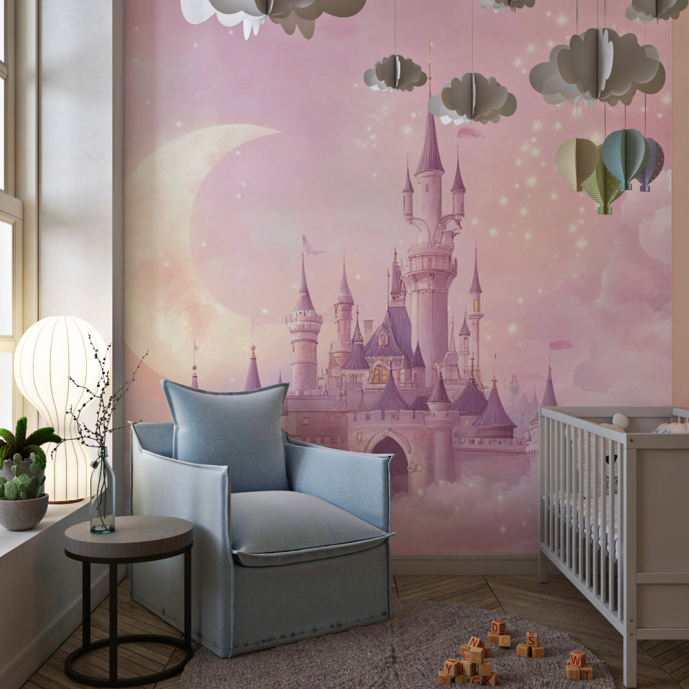 Magical castle mural creating depth in a spacious playroom with reading nook