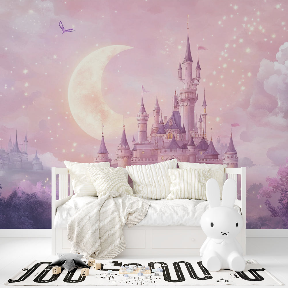 Pink palace wallpaper transforming a nursery with gentle moonlight glow