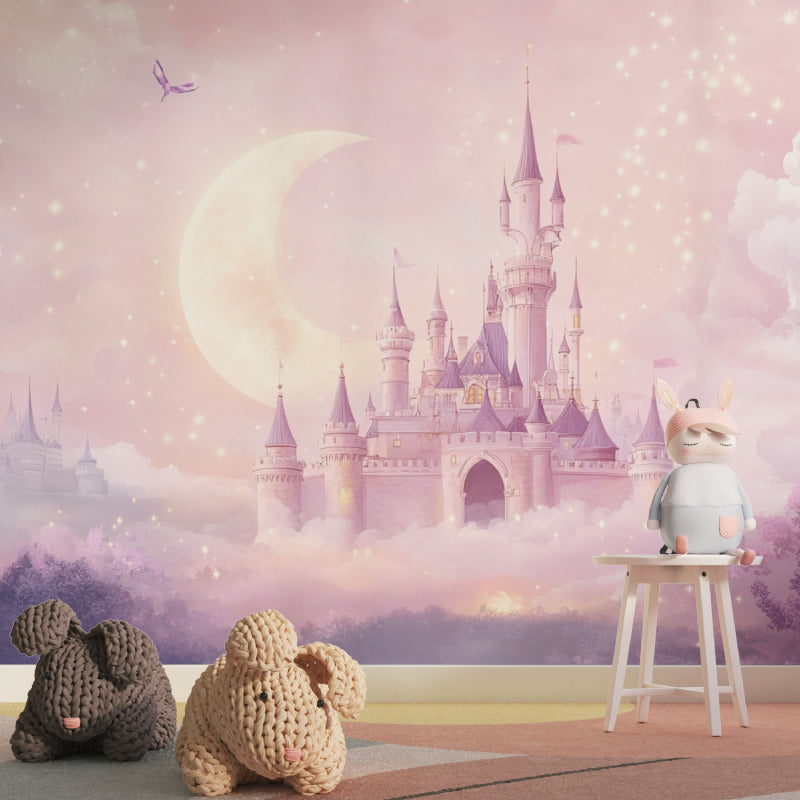 Fantasy castle mural in a child's bedroom with matching princess theme