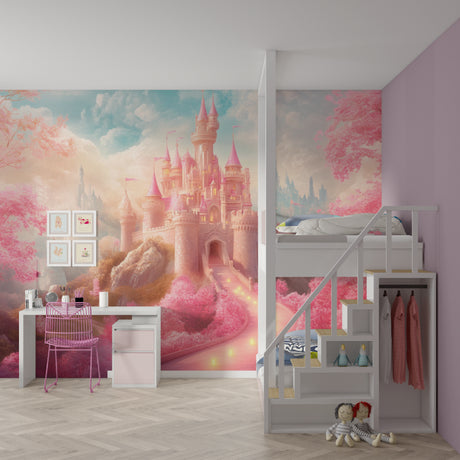 Pink Princess Castle Wallpaper styled in a bright girl's bedroom with white furniture and matching pink accents