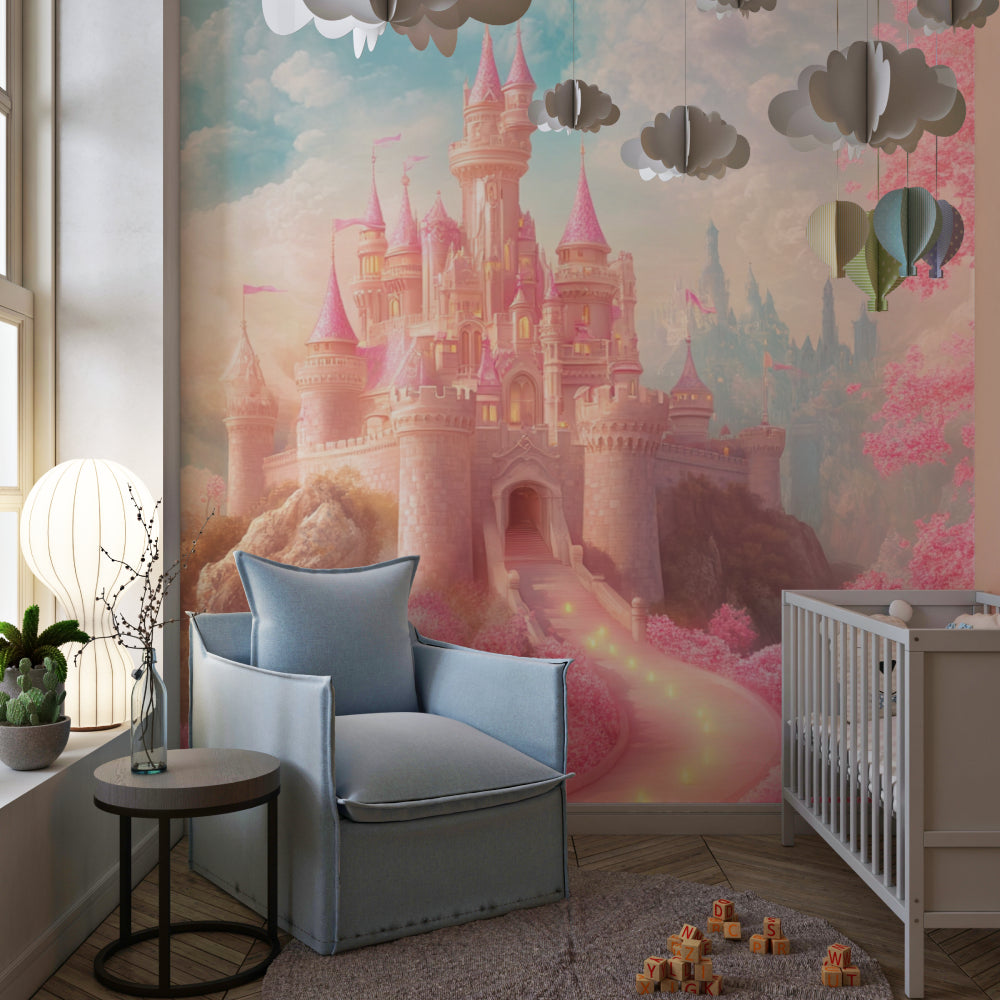 Magical Castle Wallpaper creating a dreamy atmosphere in a princess-themed playroom