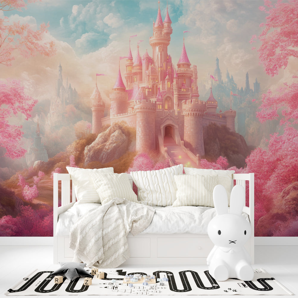 Princess Castle Mural featured in a nursery with soft lighting and rose gold details