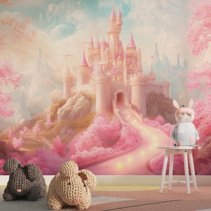 Pink Palace Wallpaper transforming a reading nook with cozy pillows and fairy lights