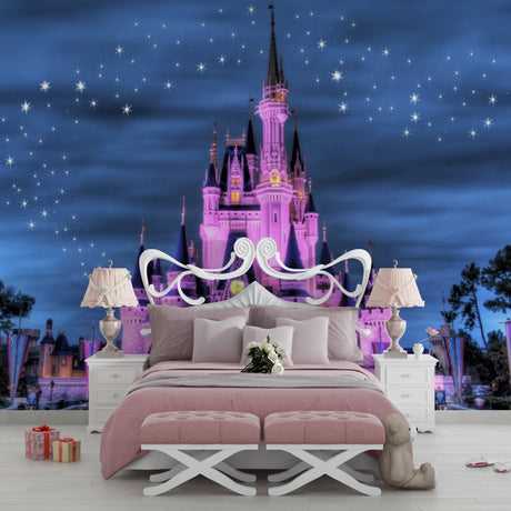 Princess castle wallpaper in a cozy bedroom, pink palace glowing against starry night backdrop