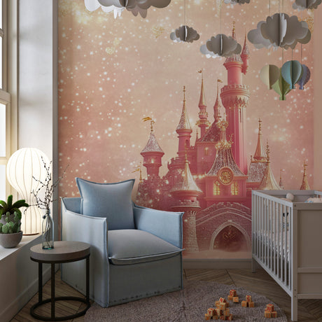 Princess castle wallpaper in a bright girl's bedroom showing pink and gold design with magical lighting
