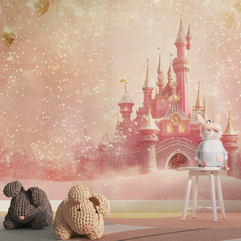 Fairy tale castle wallpaper transforming a reading nook with pink and gold accents