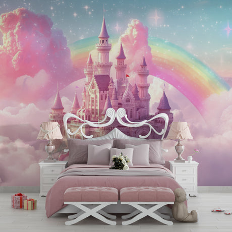 Princess Castle Wallpaper in cozy bedroom with pink accents and soft lighting