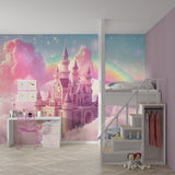 Princess Castle Wallpaper creating depth in small bedroom with white furniture