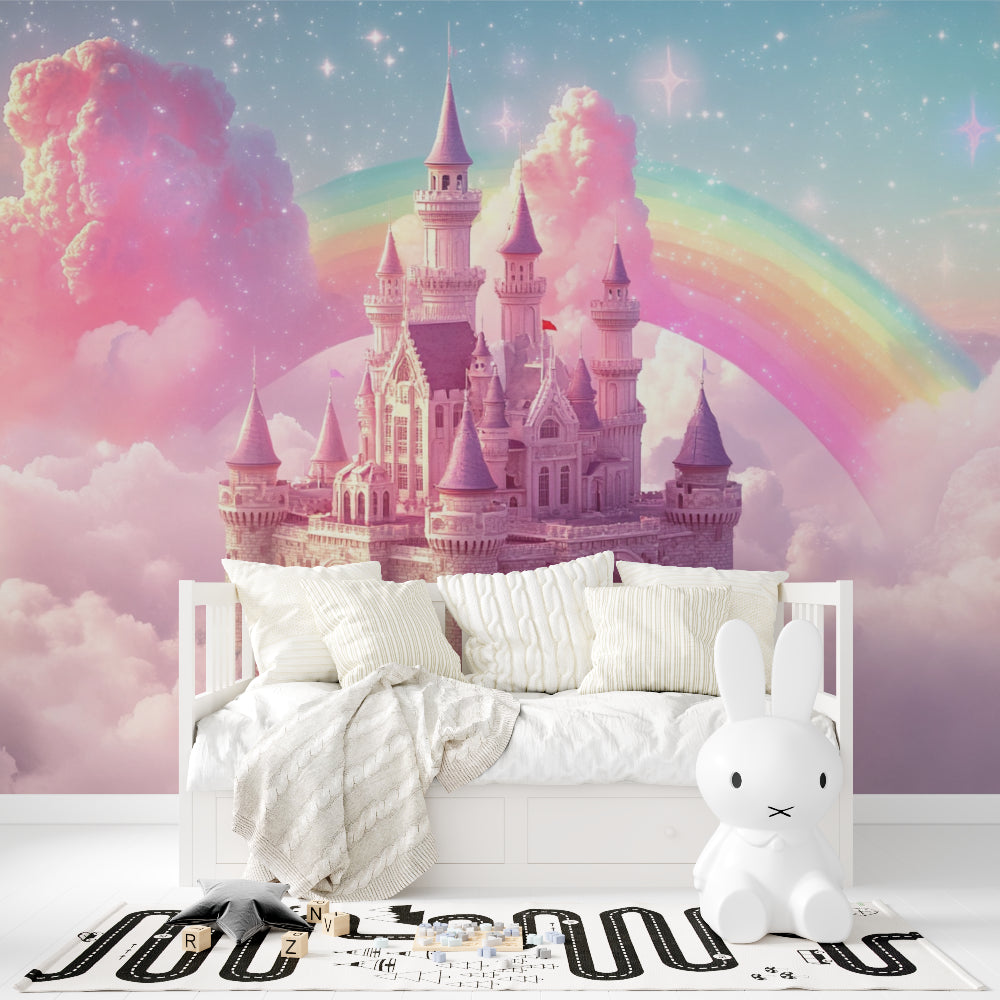 Castle Mural Wallpaper brightening nursery with rainbow accents