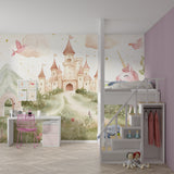 Princess castle wallpaper creating magic in a bright girl's bedroom with soft morning light