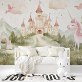 Castle wallpaper design showcased in a dreamy nursery setting