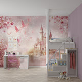 Pink castle wallpaper transforming a playroom into an enchanted space