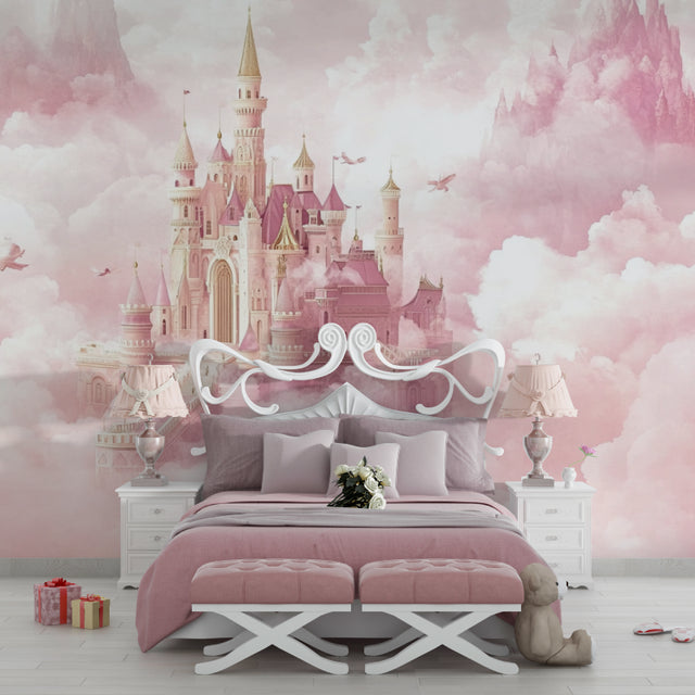 Princess castle wallpaper in a bright girl's bedroom, showing pink and gold castle mural above white furniture
