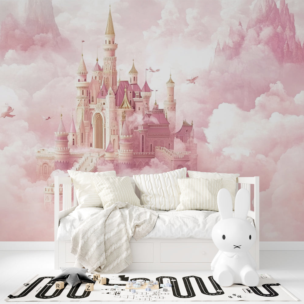 Pink castle mural wallpaper creating magical atmosphere in a playroom with reading nook