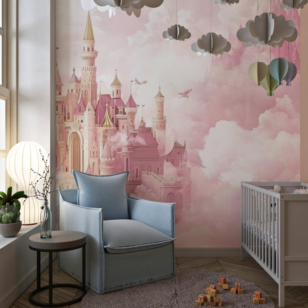 Pink princess castle mural styled in modern girl's bedroom with minimal furniture