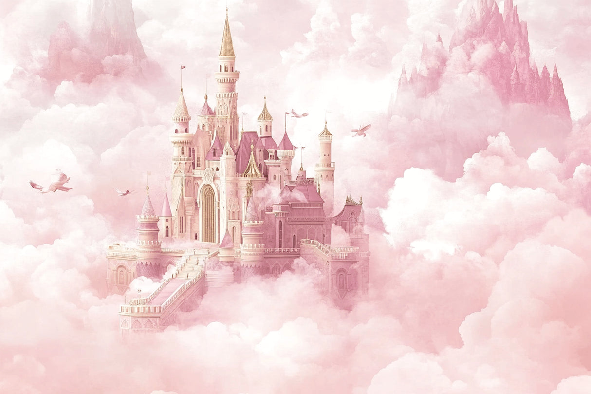 Design file of princess castle wallpaper showing intricate golden spires and pink fantasy sky details