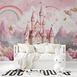 Princess castle mural wallpaper in a spacious girl's bedroom, pink and gold design creates magical atmosphere