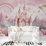 Princess castle mural wallpaper in a spacious girl's bedroom, pink and gold design creates magical atmosphere