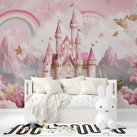 Princess castle mural wallpaper in a spacious girl's bedroom, pink and gold design creates magical atmosphere