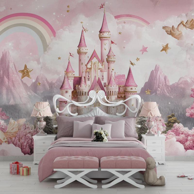 Pink castle wallpaper in modern nursery setting showing scale and golden star details