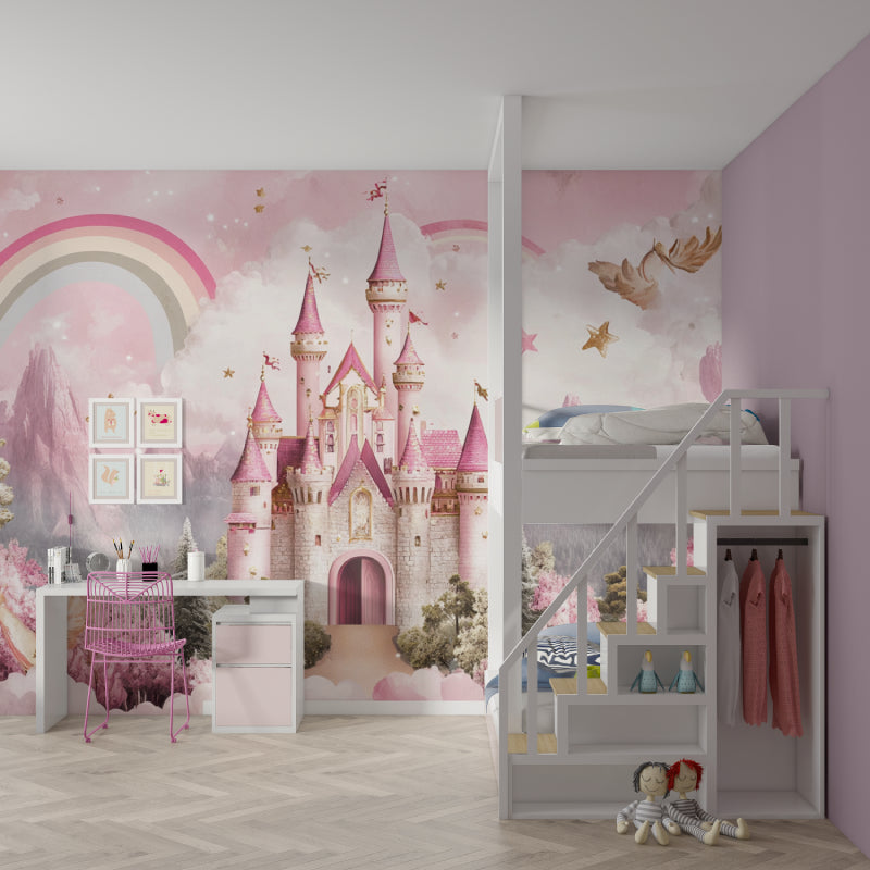 Princess mural installed in playroom showing full wall coverage and magical effect