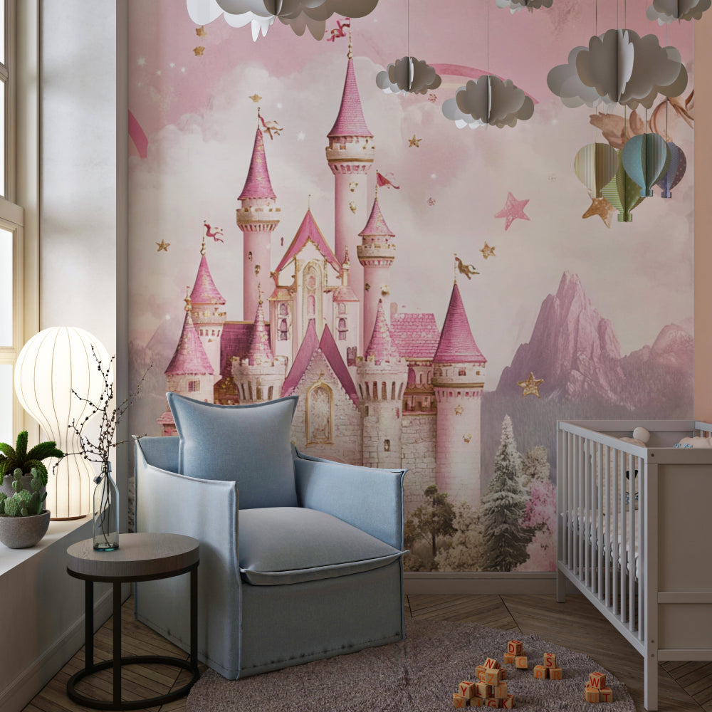 Castle wallpaper detail in reading nook, highlighting intricate golden stars and pink tones