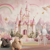 Pink princess castle mural in baby girl's room showing peaceful bedtime environment