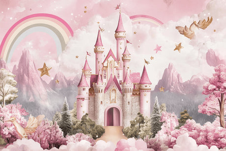 Princess castle wallpaper design file showing full pattern with magical pink castle and golden stars