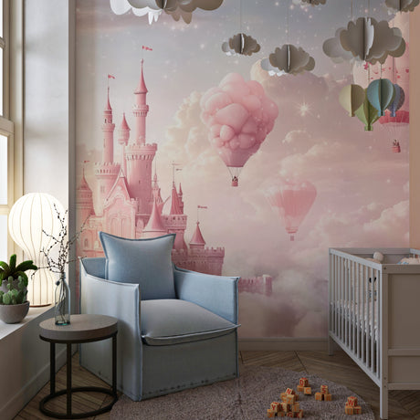 Princess castle wallpaper creates magic in a bright nursery, pink castle and floating balloons add whimsy