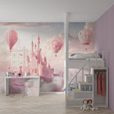 Princess castle wall mural in reading nook, inspiring imagination with floating balloons