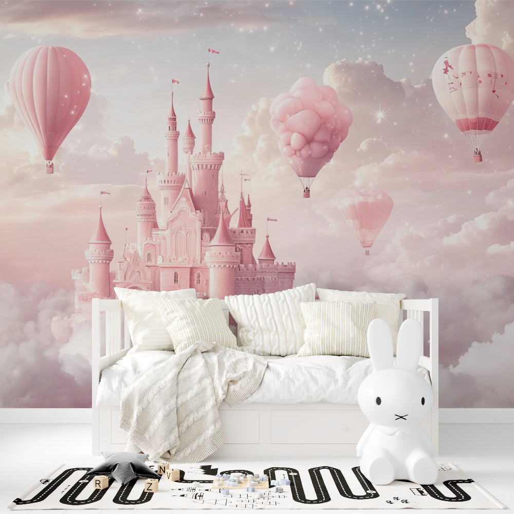 Baby room with dreamy princess castle wallpaper, gentle colors perfect for peaceful rest