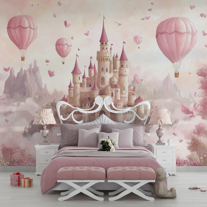 Fairy tale castle wallpaper transforming a playroom with floating hot air balloons and dreamy colors